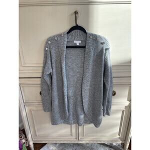 Charter Club Gray Knit Open Front Cardigan Silver Button Shoulder Cotton Blend M
